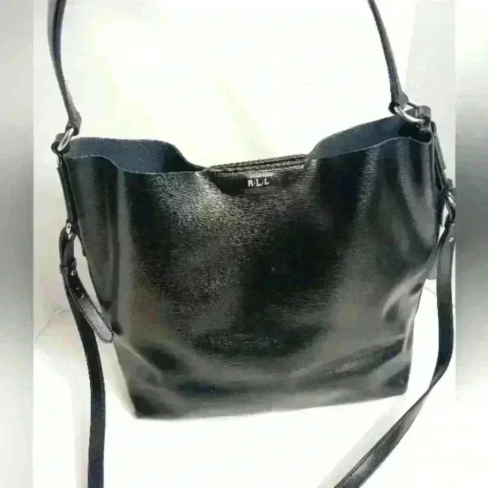 Lauren Ralph Lauren Black Leather Bucket Shoulder Hobo Hand Bag Green Tag